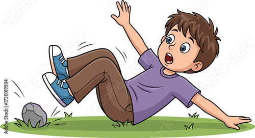 Cartoon child tripping over rock, surprised expression, falling moment, safety awareness, playful illustration, educational concept, white background, vector art