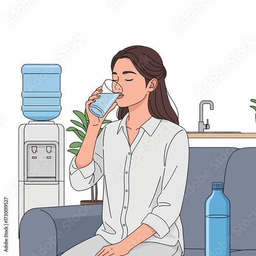 An illustration of a young woman sitting on a sofa and drinking a glass of water, with a water cooler and bottle nearby.