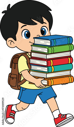 Cartoon child walking with books, school backpack, colorful illustration, educational concept, student character, learning enthusiasm, white background, vector art