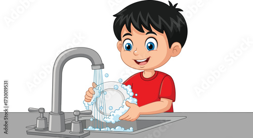 Cartoon child washing dish in kitchen sink, cheerful expression, household chore, cleanliness concept, colorful illustration, white background, vector art