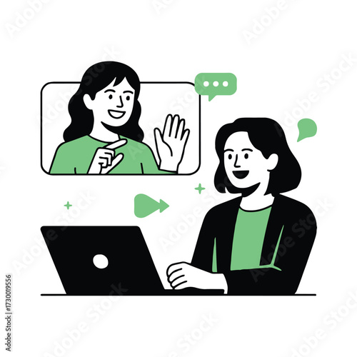 Vector art of a woman is having a video call with her friend on a laptop, they are talking and waving to each other with happy expressions