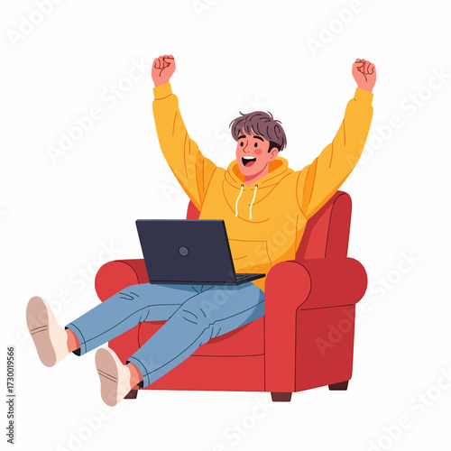 Excited young man celebrating success while working on a laptop in a comfortable armchair.