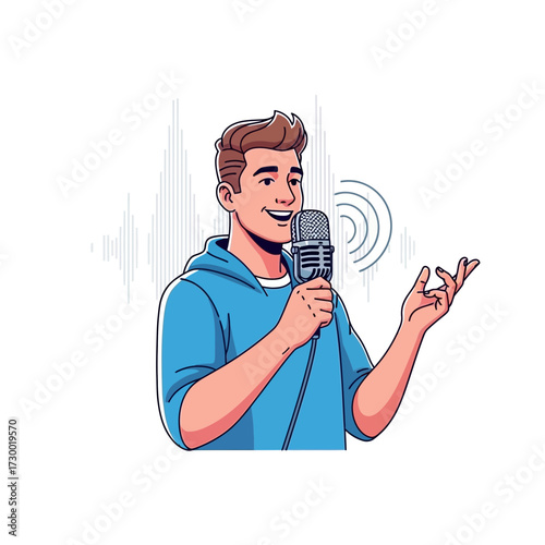Man speaking into a microphone gesturing with hand illustration on white background.