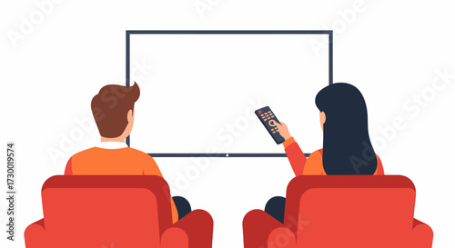 Back view of a couple sitting in red armchairs watching a large blank television, the woman holding a remote control.