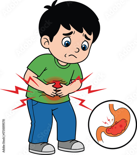 Cartoon child with stomach pain, distressed expression, health issue concept, medical symptom illustration, educational theme, white background, vector art