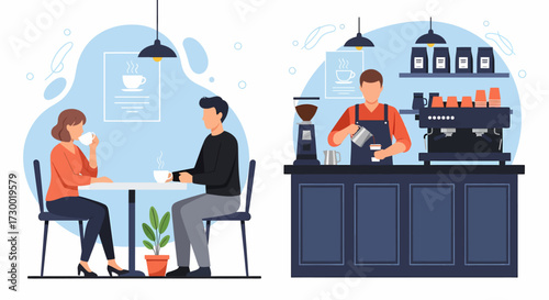 Illustration of a coffee shop interior with customers and a barista preparing drinks.