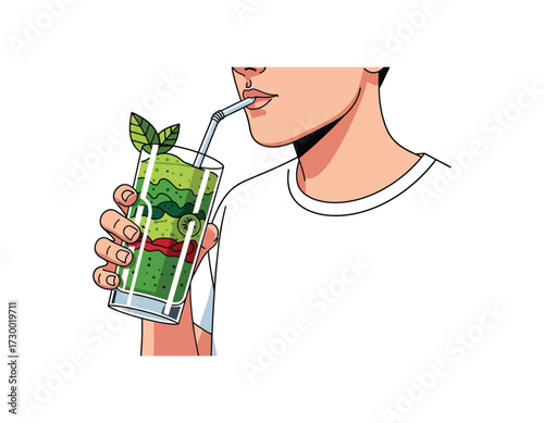 This vibrant vector illustration depicts a hand holding a refreshing, layered green smoothie, embodying healthy lifestyle choices, fresh nutrition, and modern wellness