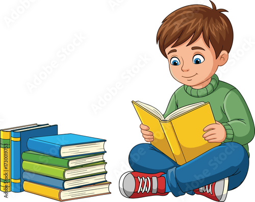 Cartoon child, reading book, cross-legged pose, education concept, vector illustration, kids learning, cheerful character, study time, stock art, white background