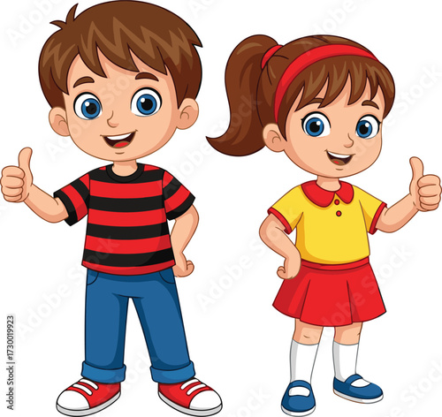 Cartoon children thumbs up, smiling boy and girl, cheerful kids vector, colorful illustration, positive gesture, white background, stock image