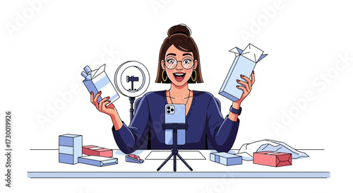 Woman with glasses holding products in front of a phone on a tripod.