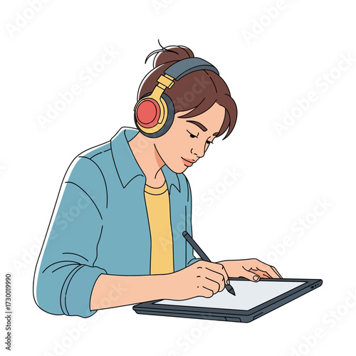Woman with headphones drawing on a tablet with a stylus indoors.