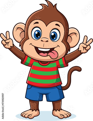Cartoon monkey making peace sign, cheerful expression, striped shirt outfit, playful gesture pose, children’s theme, white background, vector art