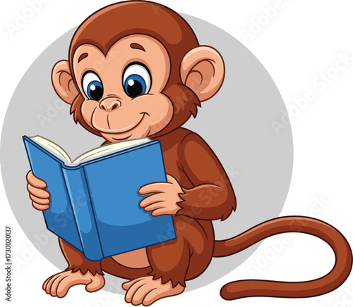 Cartoon monkey reading book, cheerful animal character, educational concept, playful illustration, learning moment, colorful design, white background, vector art