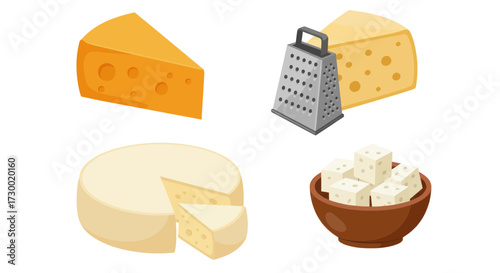 Delicious Cheese Collection Including Slices, Grated, Whole, And Cubed Cheese Pieces Vector Illustration