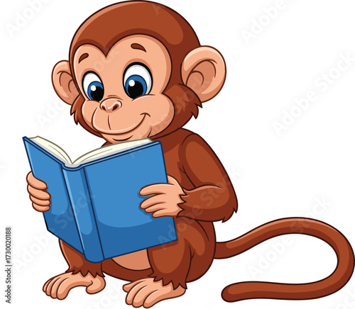 Cartoon monkey, reading book, cheerful animal, sitting pose, education theme, vector illustration, kids learning, study time, stock art, white background