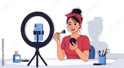 Woman applying makeup in front of a ring light with a phone.