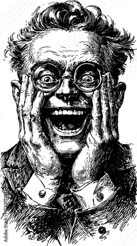 A man with a joyful expression showing excitement. Vintage vector illustration with exaggerated facial features and glasses, hands raised in excitement.