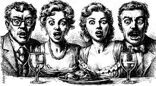 Shock expressions of four people at a dinner table. Vintage monochrome illustration with glasses and food on a plate, set in classic vector style.