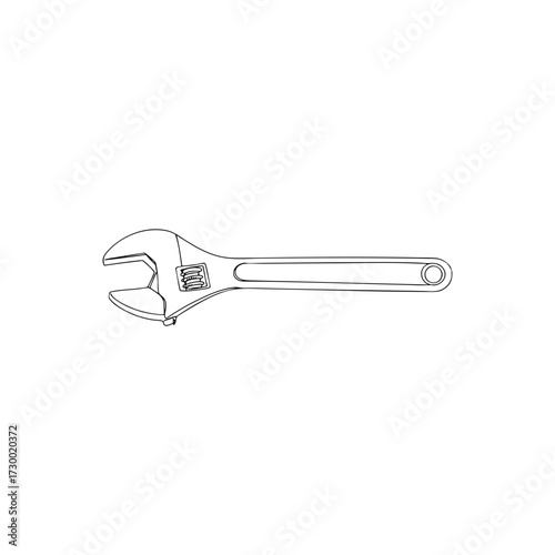 Adjustable wrench spanner tool, side view with knurled screw and hanging hole, precise vector line art outline for instructions, service manuals, CNC engraving, icons and industrial design