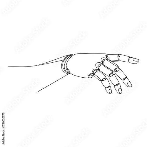 Robotic prosthetic hand reaching forward with articulated fingers and joints, sleek vector line art outline in minimalist style, ideal for tech branding, AI topics, medical prosthetics and education