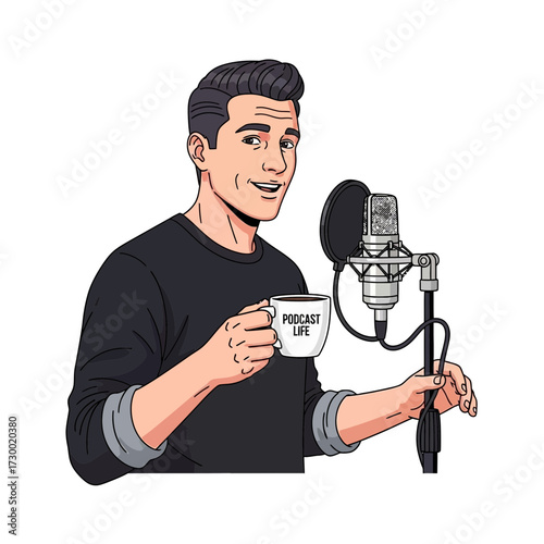 Cartoon man holds coffee cup near microphone in a studio setting.