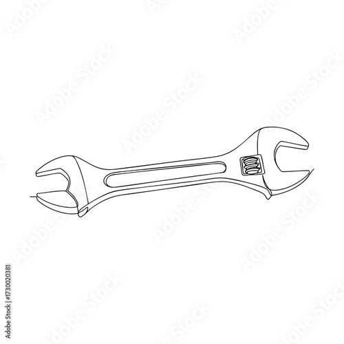 Double‑ended adjustable wrench with open jaws and center slot, dynamic angled view, crisp vector line art outline for mechanic posters, service guides, laser cutting templates and tool icons
