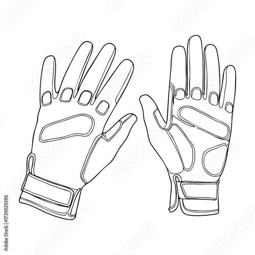 Vector line art of modern sports gloves with ergonomic design and reinforced elements for outdoor activities