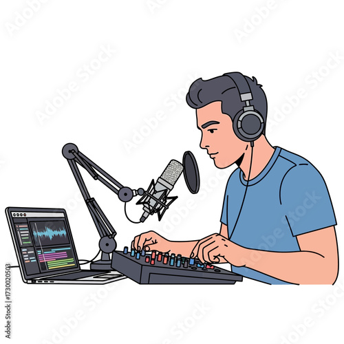 Man recording podcast with microphone laptop and headphones in a studio setting.