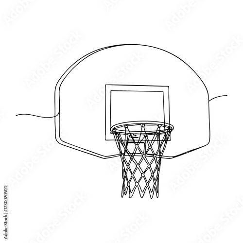 Basketball hoop vector line art. Minimal continuous line drawing of basketball net and backboard, simple sport equipment illustration for fitness and athletics concept.