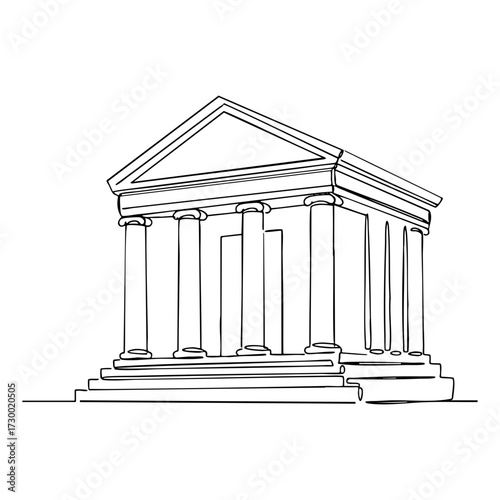 Ancient temple vector line art. Continuous one line drawing of classical Greek or Roman building with columns and pediment, architectural heritage illustration in minimalist style.