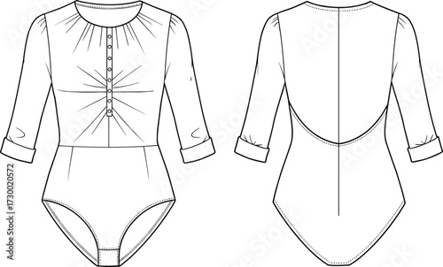 Flat sketch technical drawing of long sleeve button front bodysuit with pleats and open back, cad drawing flat vector illustration