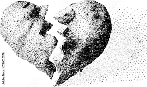 Illustration of a broken heart shape. Monochrome vector graphic with a flat style and distressed texture, part of a set.