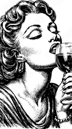 Vintage woman sipping wine from a glass. Elegant black and white vector illustration showcasing style and sophistication in a classic set.