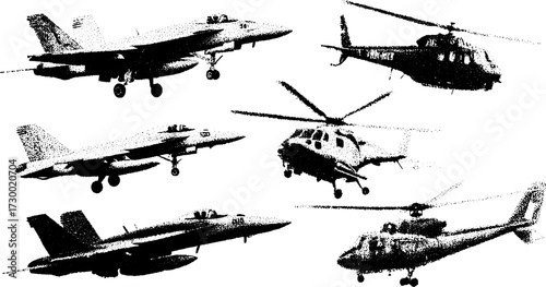 Illustration of various military aircraft in a set, including jets and helicopters. This black and white vector graphic showcases designs and silhouettes.