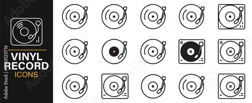 Vinyl record turntable icon set in line art design for music, retro sound, and DJ party themes
