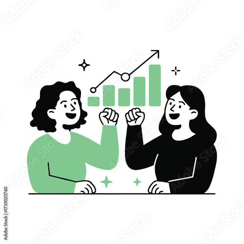 Vector art of two cheerful women celebrating business success with a rising graph, a symbol of teamwork, achievement, and positive growth