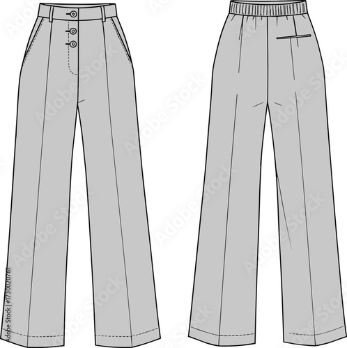 Flat sketch vector illustration of high waist straight leg pants with front buttons and back pocket, cad drawing flat vector illustration