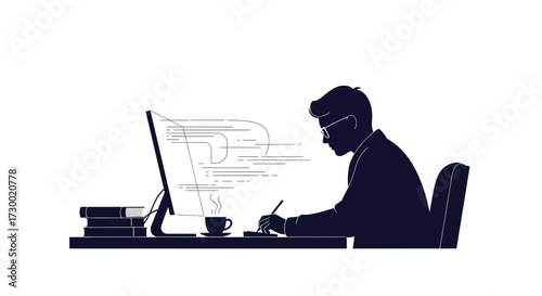 Silhouette of person at desk working on computer with books and coffee.