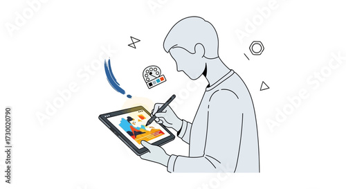 Person drawing on a tablet with a stylus surrounded by abstract shapes.