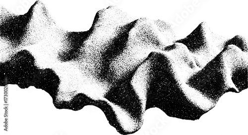 Mountain terrain illustration in black and white. Textured rocky shapes create an abstract design in this vector illustration representing elevation and landscape.
