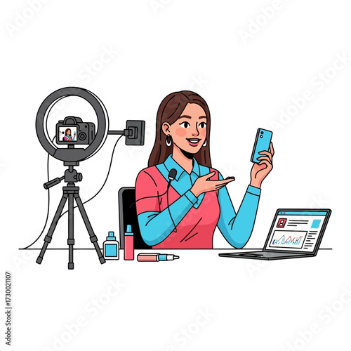 Woman recording a video with camera ring light and laptop on desk.