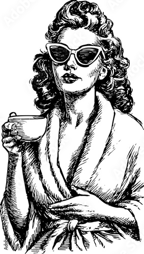 Vintage illustration of a woman in stylish sunglasses holding a cup of coffee. This monochrome vector set captures elegance in a relaxed pose.