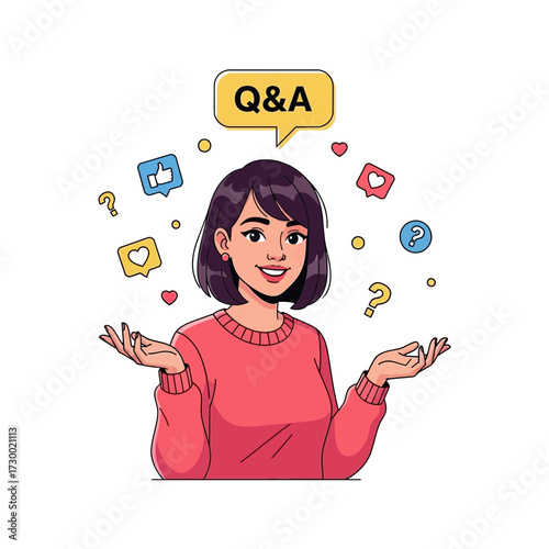 Cartoon woman with q&a speech bubble and social media icons around her.