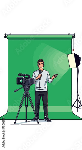 Man stands in front of green screen with camera and studio lighting.