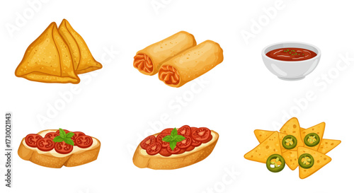 Six delicious and savory appetizer icons, perfect for food and restaurant related projects