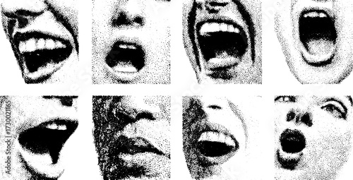 Facial expressions depicting various emotions in a unique set of black and white graphics. Vector illustration showcasing human faces.