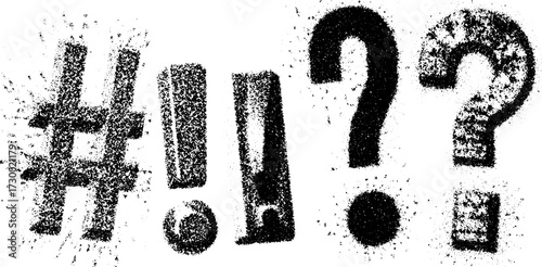 Punctuation symbols in grunge style. Unique black vector illustration set of hashtag, question mark, exclamation mark, and period for modern design.