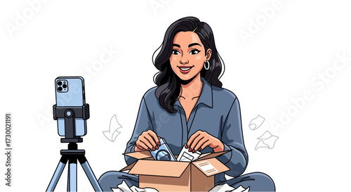 Woman recording unboxing video with smartphone on tripod against white background.