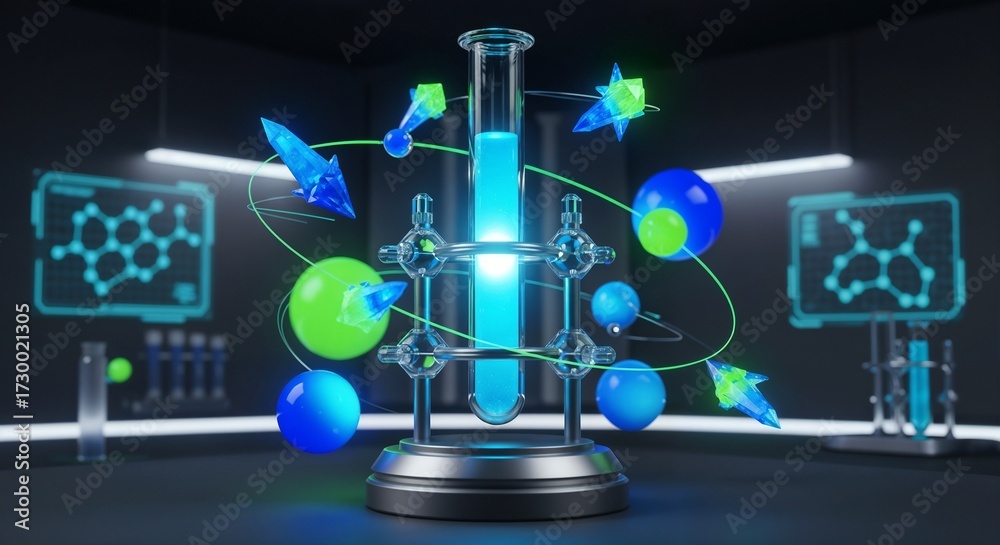 Naklejka premium Laboratory test tube with glowing futuristic abstract molecular shapes