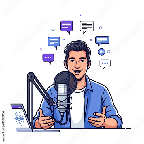 Man speaks into microphone with speech bubbles and laptop in studio setting.